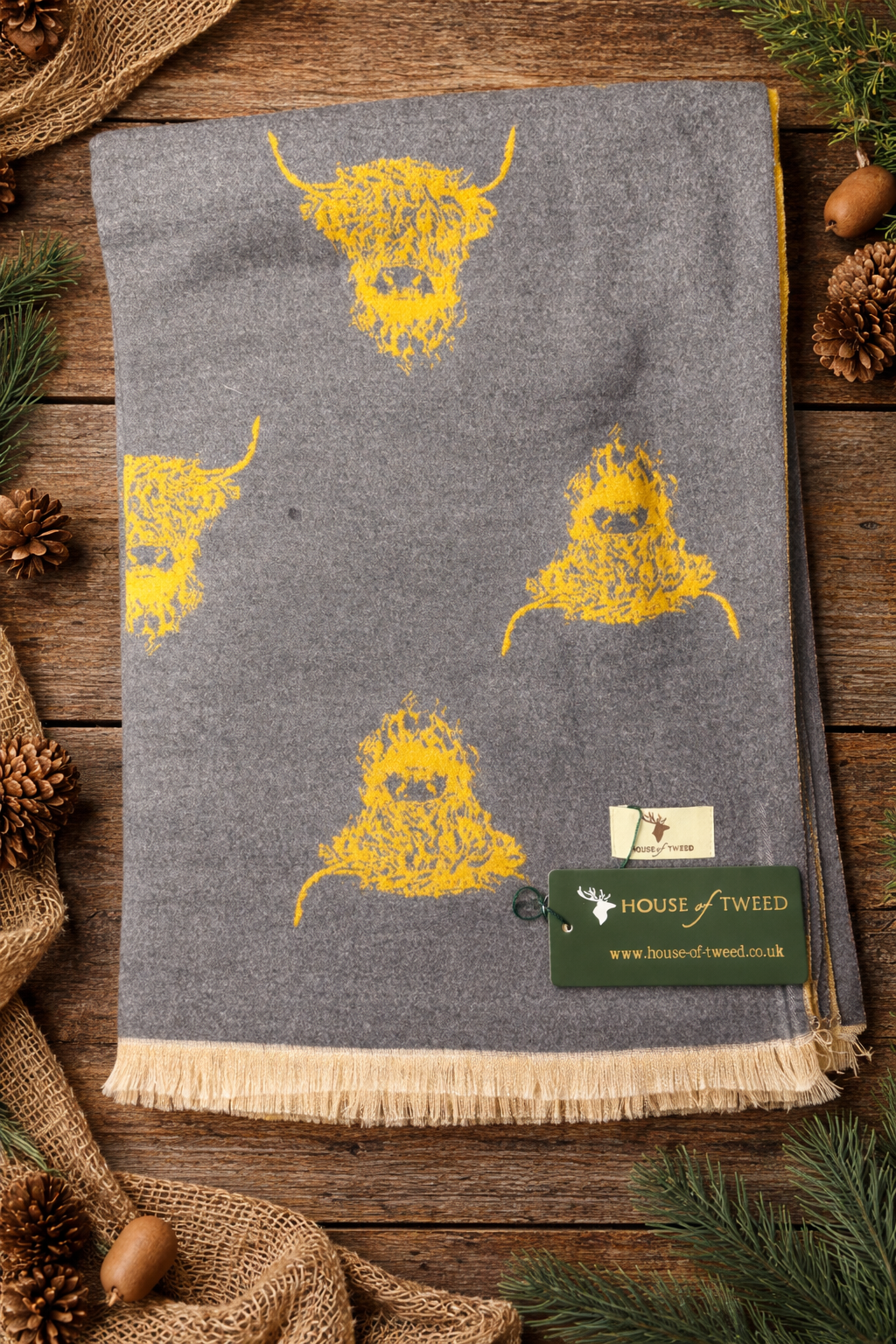 House of Tweed Reversible Highland Cow Print Scarf