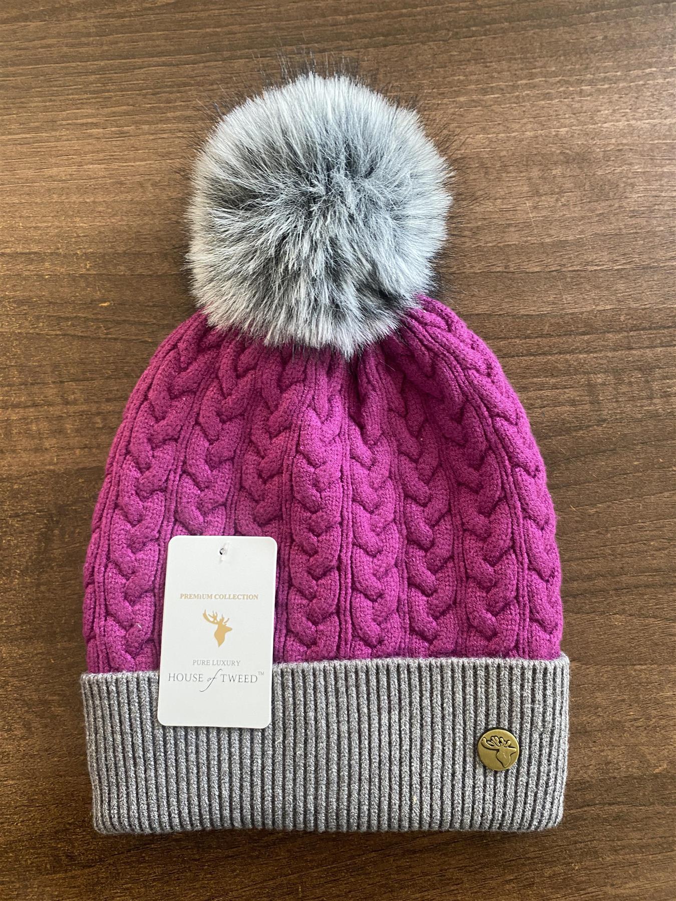 House of Tweed Womens Two Tone Cable Knit Bobble Hats - Just £12.99! Shop now at Warwickshire Clothing.