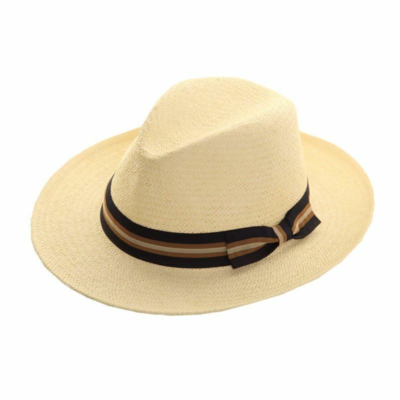 Hazy Blue Mens Straw Fedora II Hat Panama Style With Wide Stripe Band and Bow - Just £18.99! Shop now at Warwickshire Clothing.