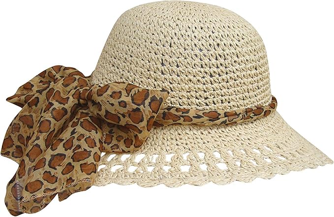 Women's Crushable Summer Sun Straw Beach Hat with Leopard Print Scarf