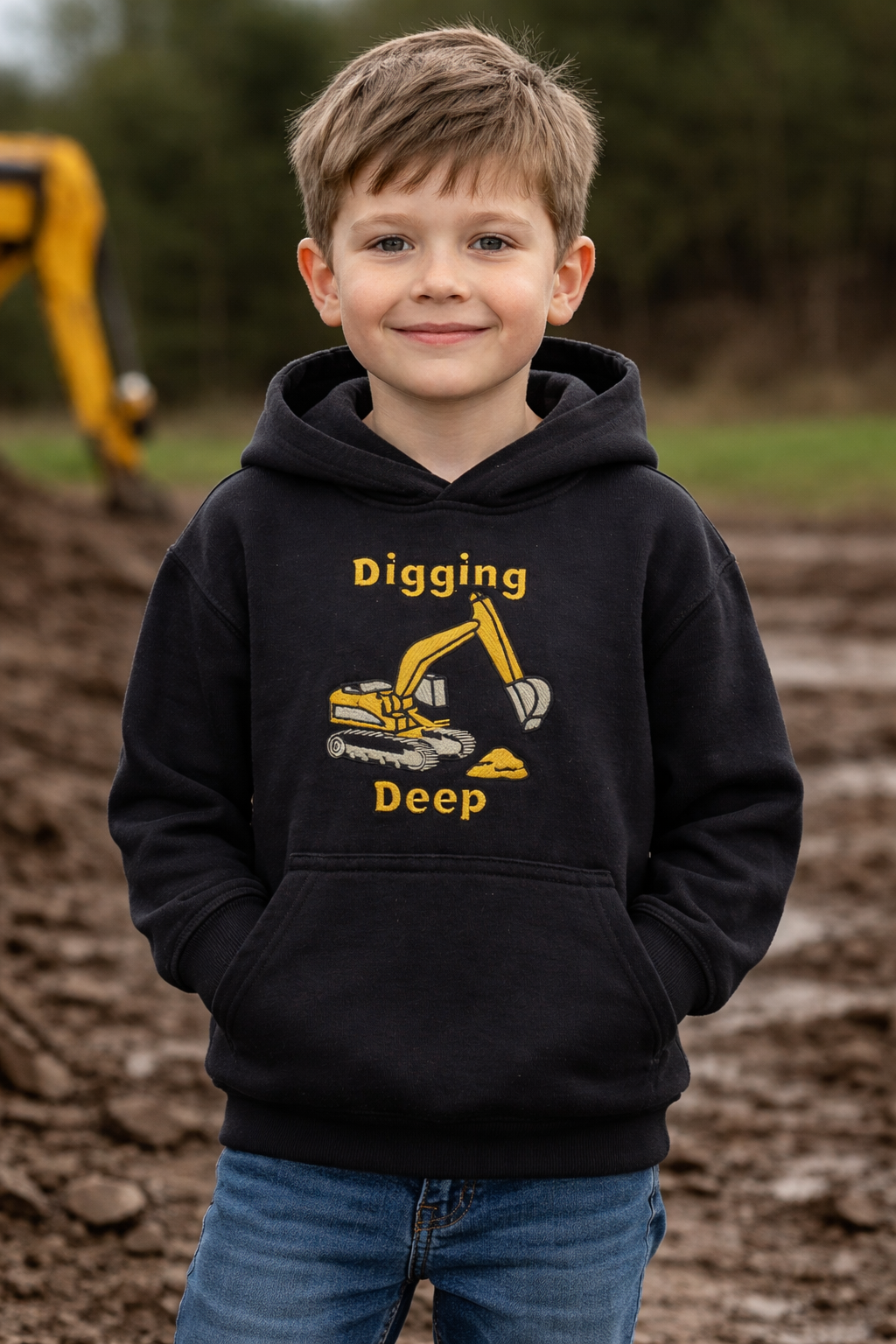 Hazy Blue Leo Kids' Digger Hoodie - "Digging Deep" Construction Jumper