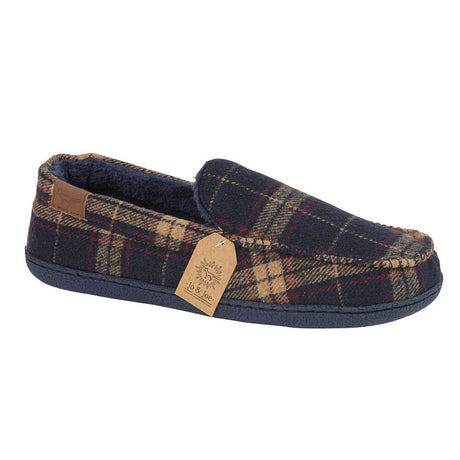JO & JOE Men's Navy Blue Tweed Warm Lined Moccasin Slippers - Just £19.99! Shop now at Warwickshire Clothing.