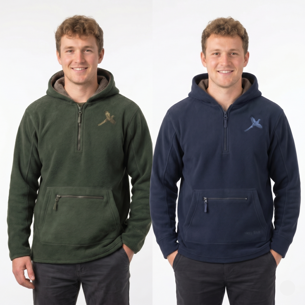 Two men wearing green and navy pullovers with zippers on a white background