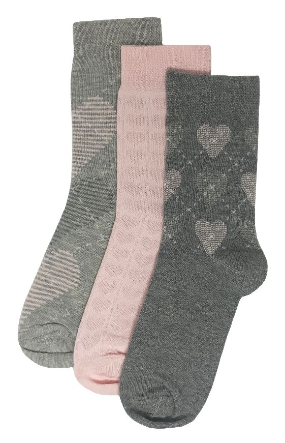 Flexitop Socks 3 Pack Bamboo Socks - Grey Pink and Light Grey Hearts - Just £6.99! Shop now at Warwickshire Clothing.