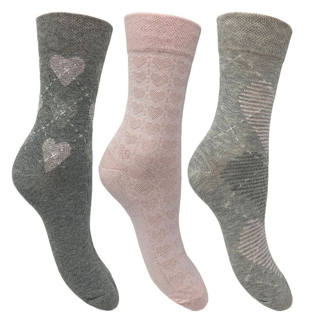 Flexitop Socks 3 Pack Bamboo Socks - Grey Pink and Light Grey Hearts - Just £6.99! Shop now at Warwickshire Clothing.