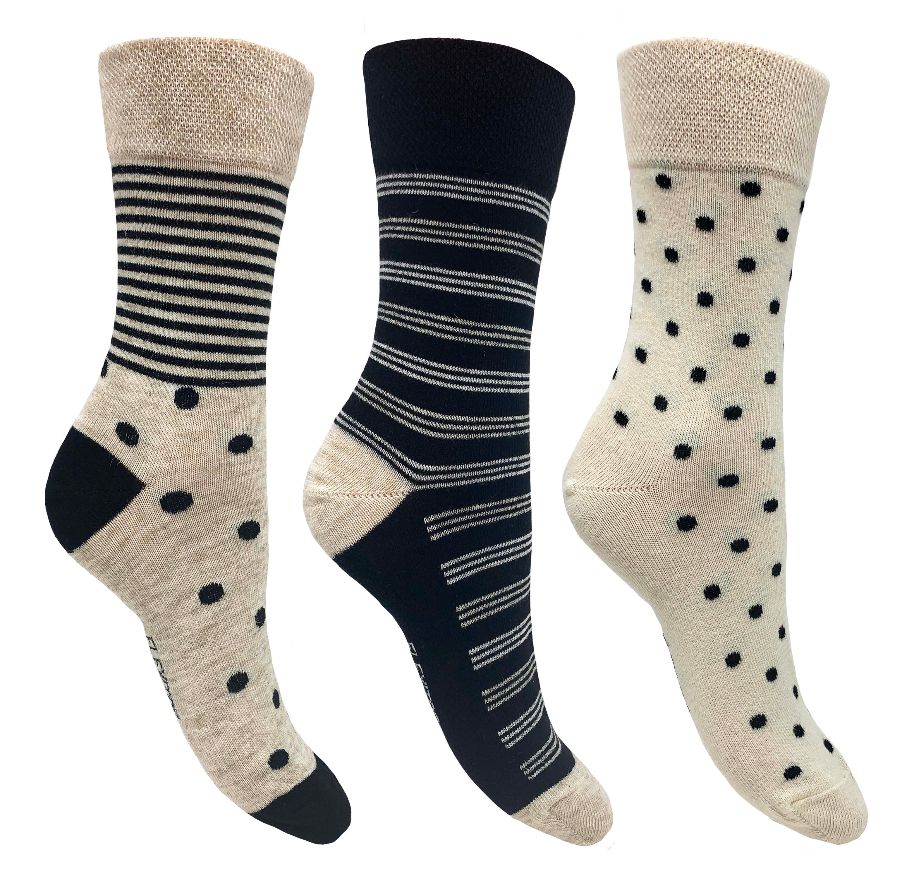 Flexitop Socks 3 Pack Bamboo Socks - Beige Polka Dots & Black Striped - Just £6.99! Shop now at Warwickshire Clothing.