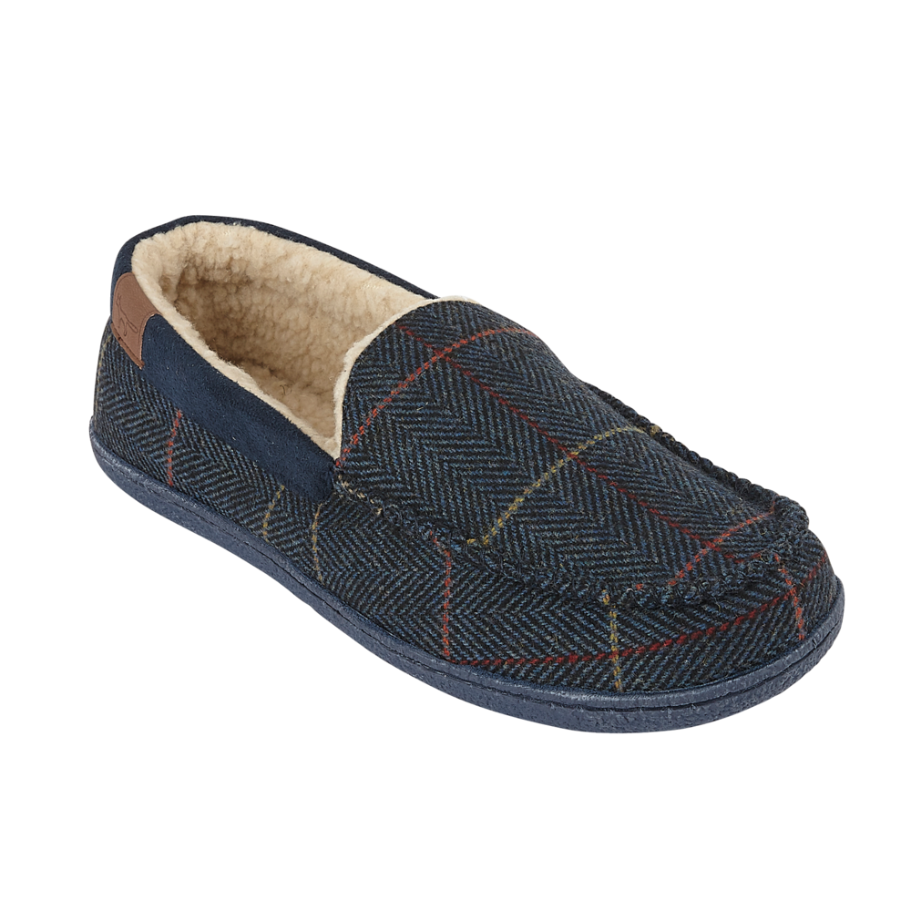 JO & JOE Men's Navy Blue Tweed Warm Lined Moccasin Slippers - Just £19.99! Shop now at Warwickshire Clothing.