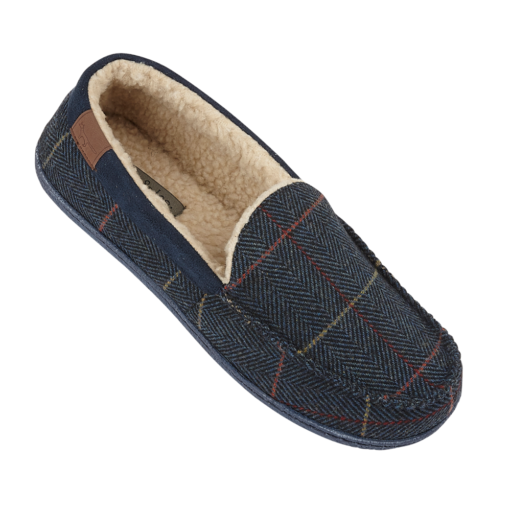 JO & JOE Men's Navy Blue Tweed Warm Lined Moccasin Slippers - Just £19.99! Shop now at Warwickshire Clothing.