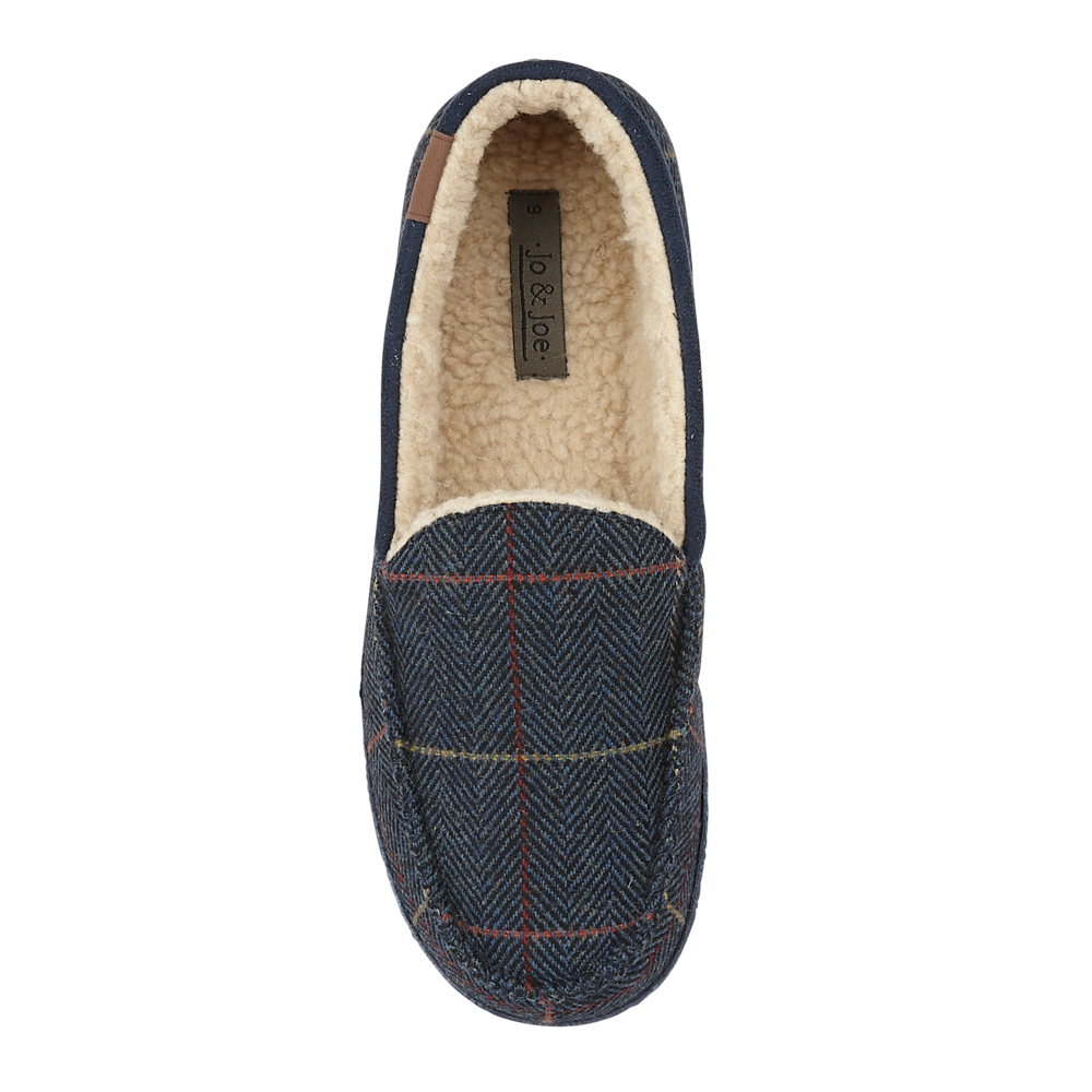 JO & JOE Men's Navy Blue Tweed Warm Lined Moccasin Slippers - Just £19.99! Shop now at Warwickshire Clothing.