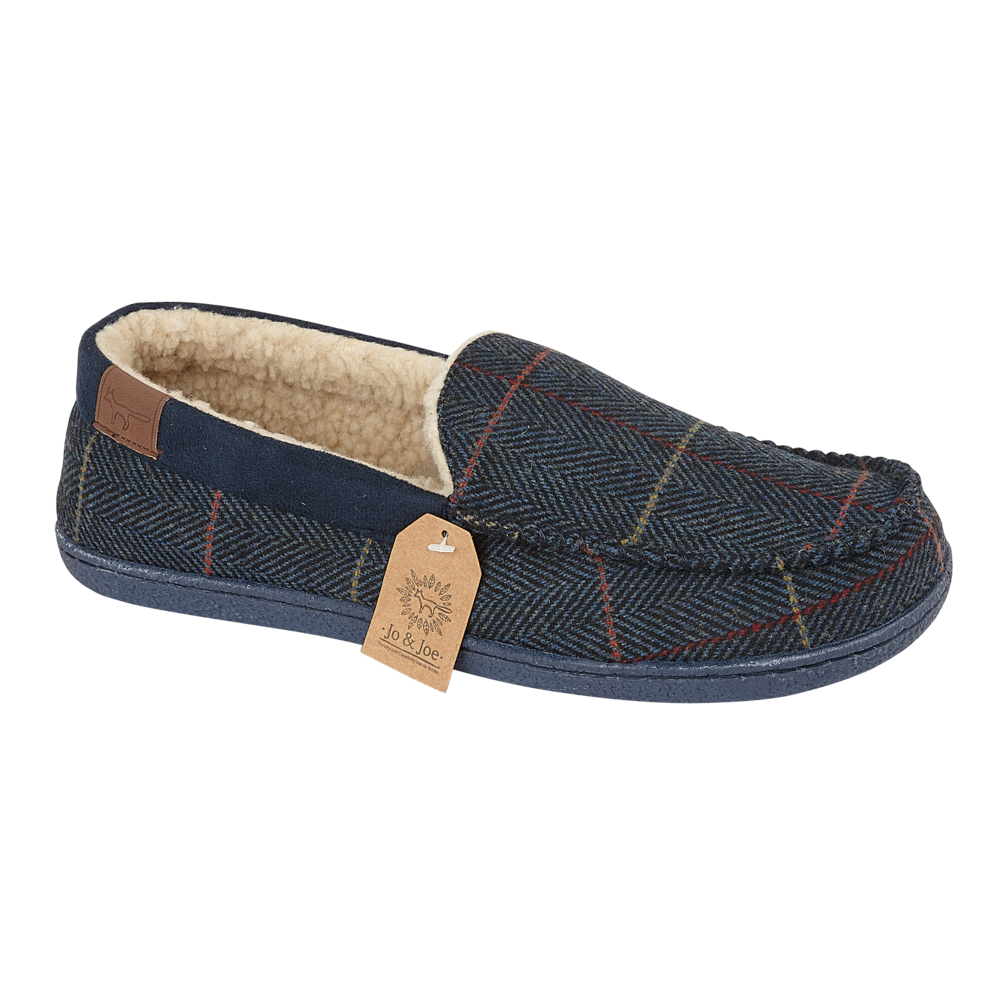JO & JOE Men's Navy Blue Tweed Warm Lined Moccasin Slippers - Just £19.99! Shop now at Warwickshire Clothing.