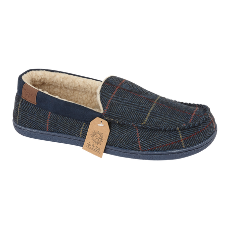 JO & JOE Men's Navy Blue Tweed Warm Lined Moccasin Slippers - Just £19.99! Shop now at Warwickshire Clothing.
