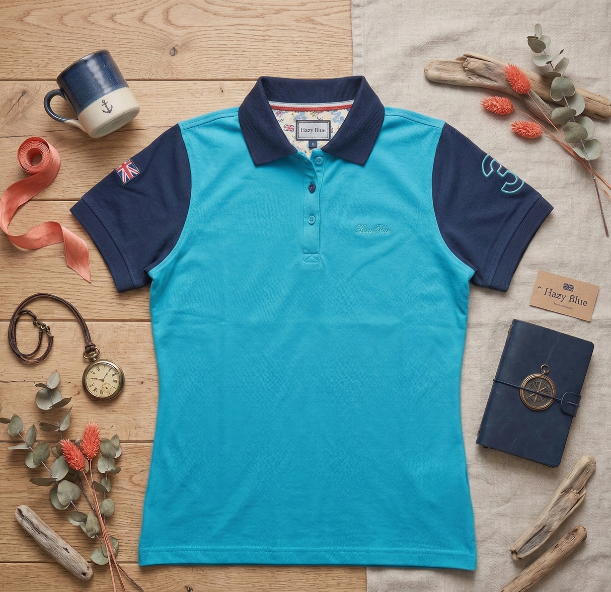 Hazy Blue Women's Plain Polo Shirt Mandy with Number 3 Detail