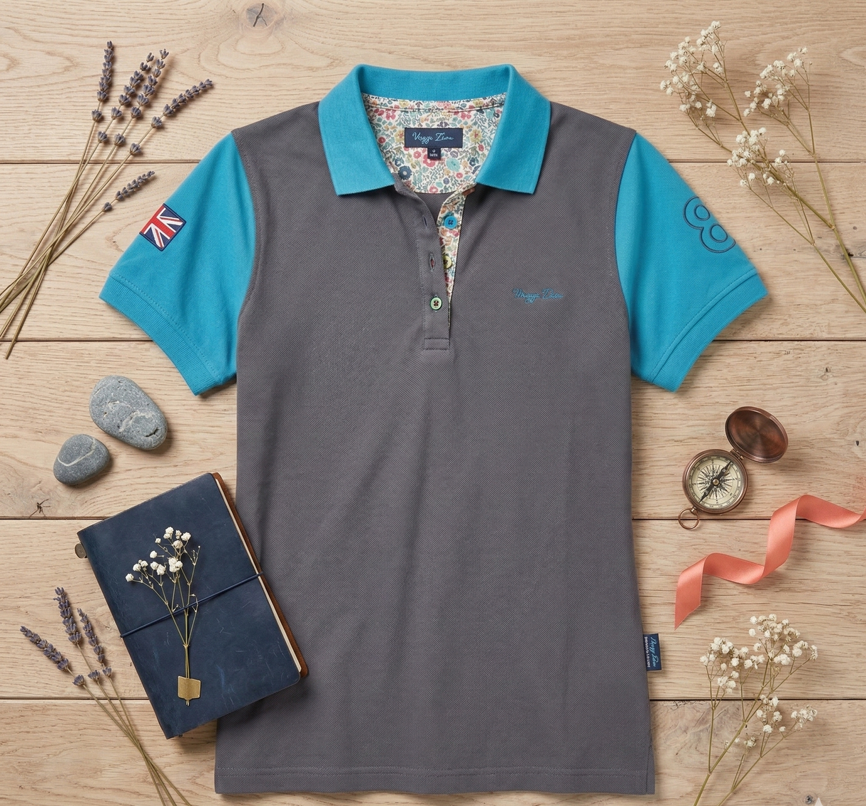 Hazy Blue Women's Plain Polo Shirt Mandy with Number 3 Detail