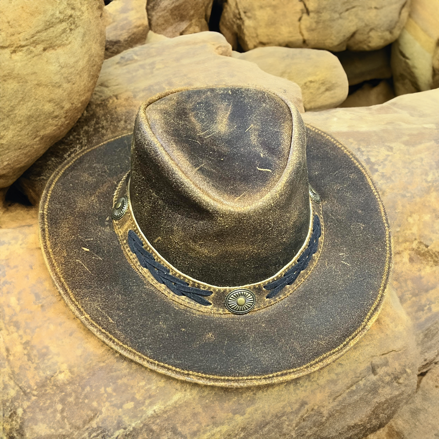 Hazy Blue Unisex Cowboy Distressed Leather Hat - Detroit - Just £19.99! Shop now at Warwickshire Clothing.