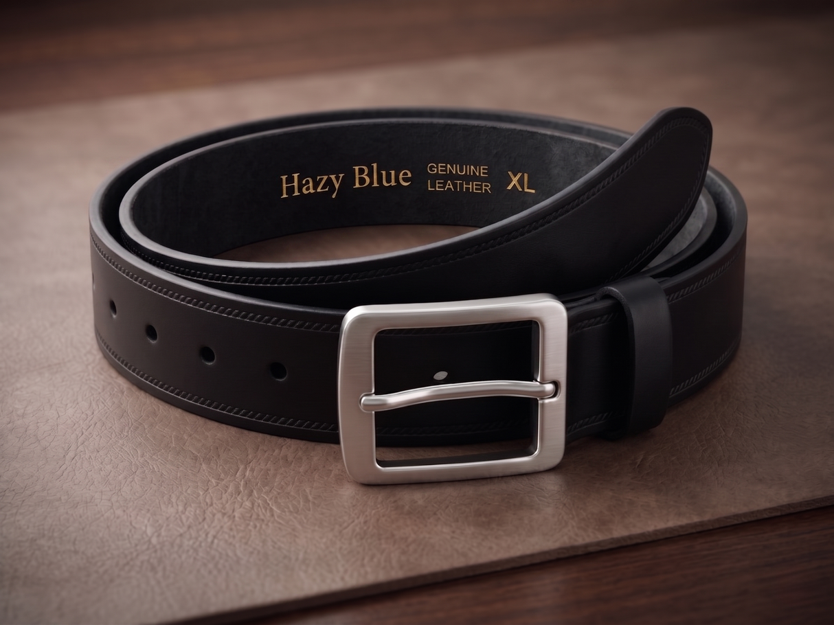 Black leather belt with silver buckle on a brown surface