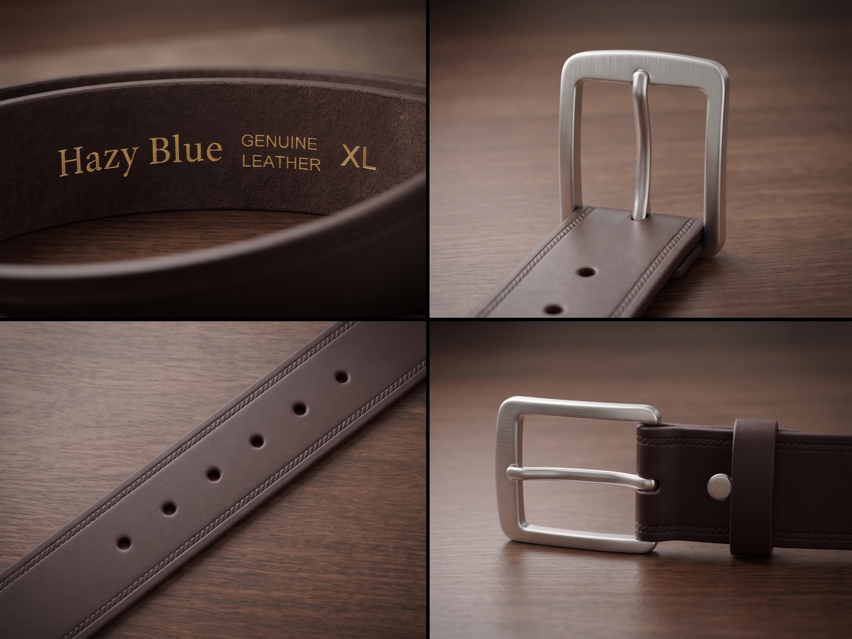 Brown leather belt with silver buckle on a wooden surface