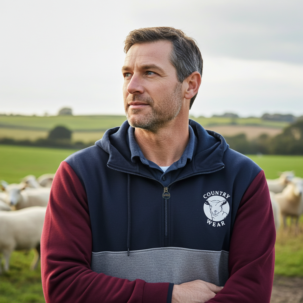 Hazy Blue Keswick Quarter Zip Hoody with Country Wear Sheep Logo
