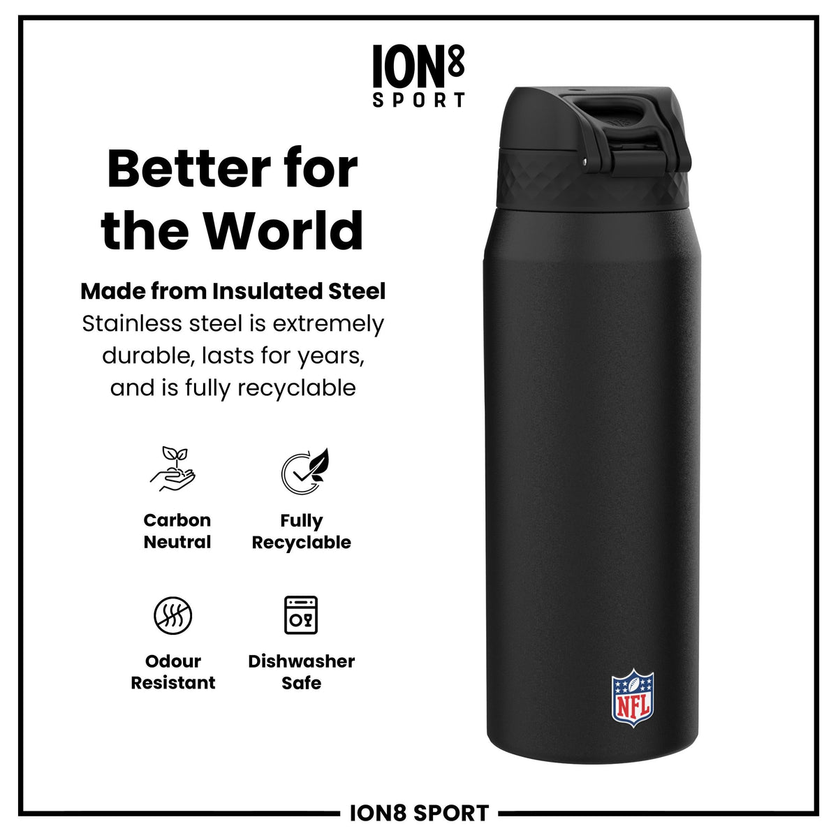 NFL x ION8 Insulated Steel Water Bottle, NFL Steelers, 750ml (24oz)