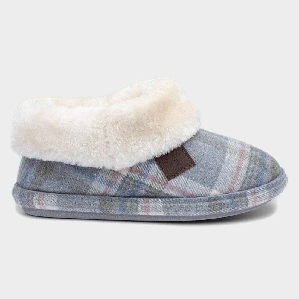 JO & JOE Ladies Charcoal Slate Grey Tartan Print Faux Fur Collar Bootee Slippers - Just £19.99! Shop now at Warwickshire Clothing.