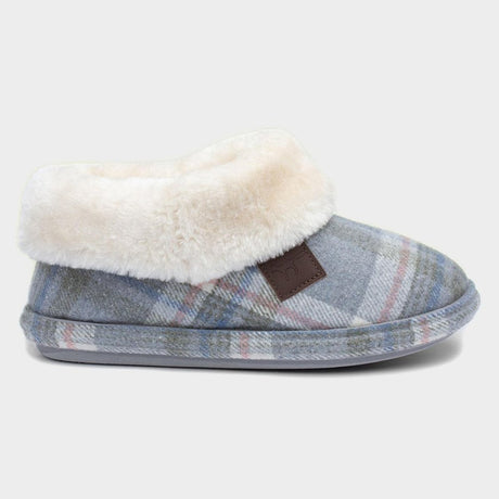 JO & JOE Ladies Charcoal Slate Grey Tartan Print Faux Fur Collar Bootee Slippers - Just $19.99! Shop now at Warwickshire Clothing. Free Dellivery.