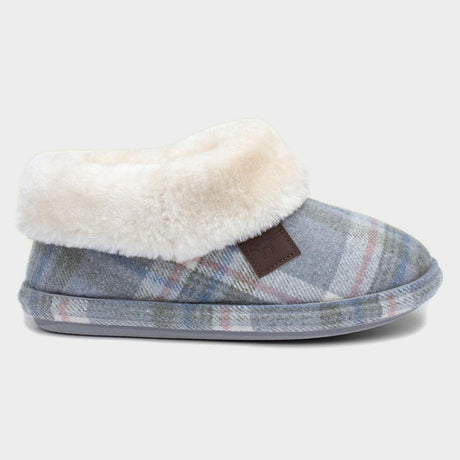JO & JOE Ladies Charcoal Slate Grey Tartan Print Faux Fur Collar Bootee Slippers - Just £19.99! Shop now at Warwickshire Clothing.