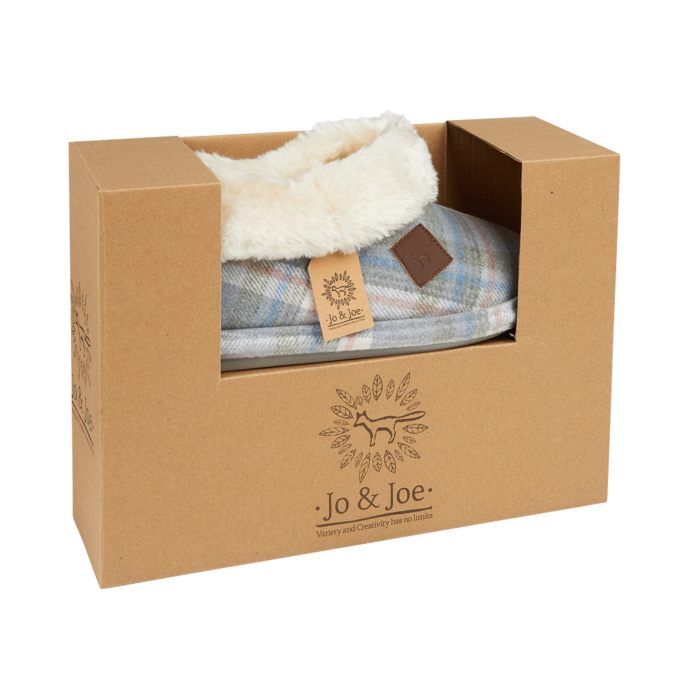 JO & JOE Ladies Charcoal Slate Grey Tartan Print Faux Fur Collar Bootee Slippers - Just £19.99! Shop now at Warwickshire Clothing.