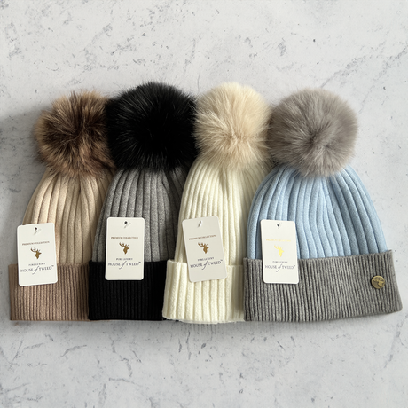 House of Tweed Luxury Striped Ladies Pom Pom Bobble Beanie Hats - Just £12.99! Shop now at Warwickshire Clothing.