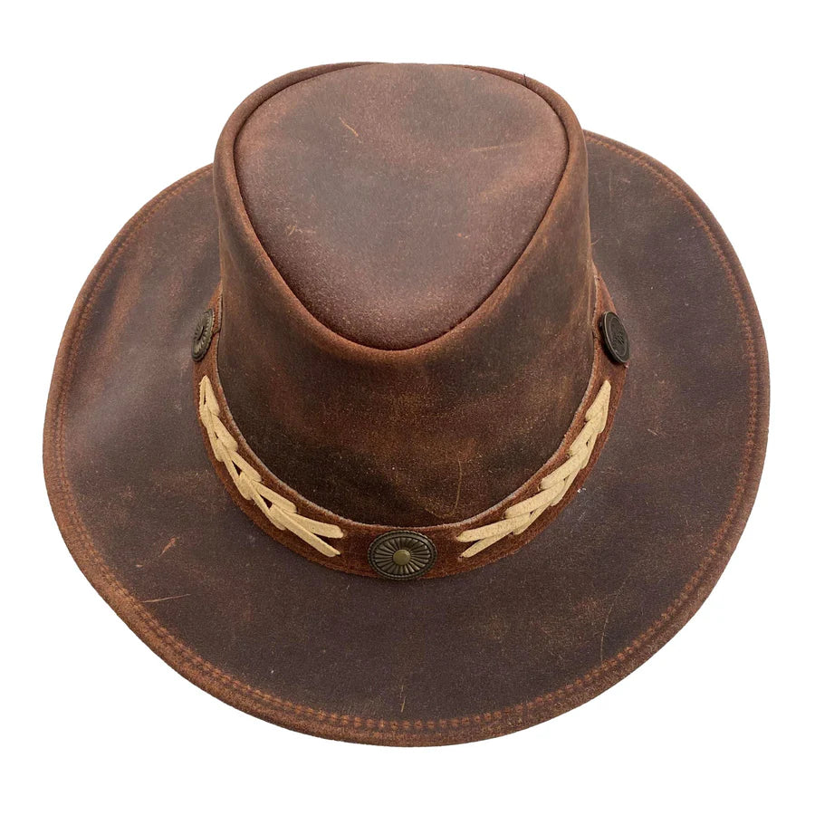 Hazy Blue Unisex Cowboy Distressed Leather Hat - Detroit - Just £19.99! Shop now at Warwickshire Clothing.