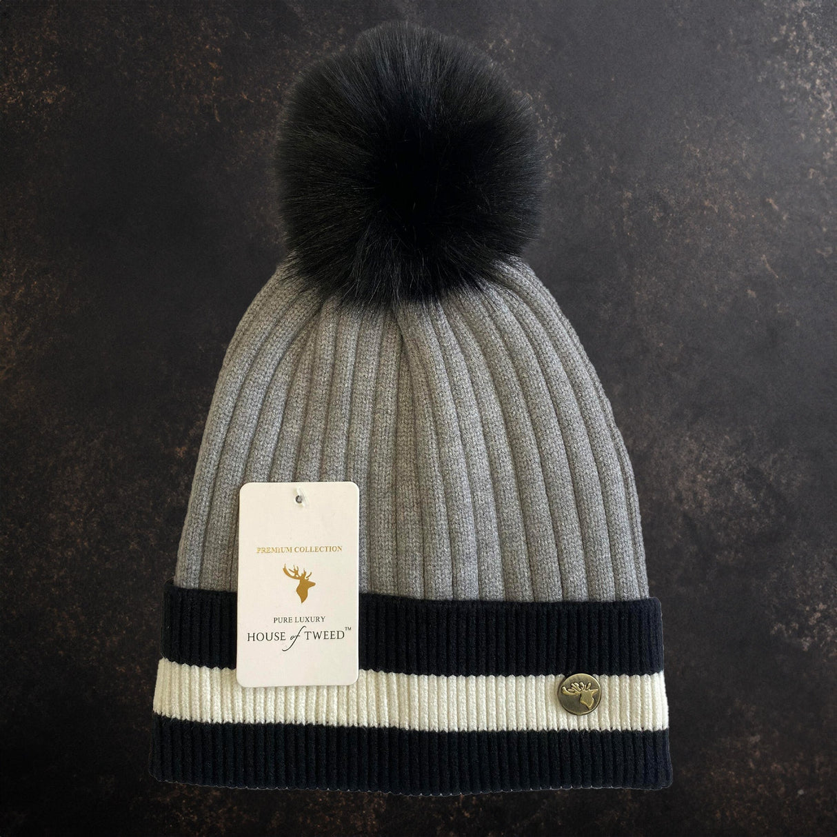 House of Tweed Luxury Striped Ladies Pom Pom Bobble Beanie Hats - Just £12.99! Shop now at Warwickshire Clothing.