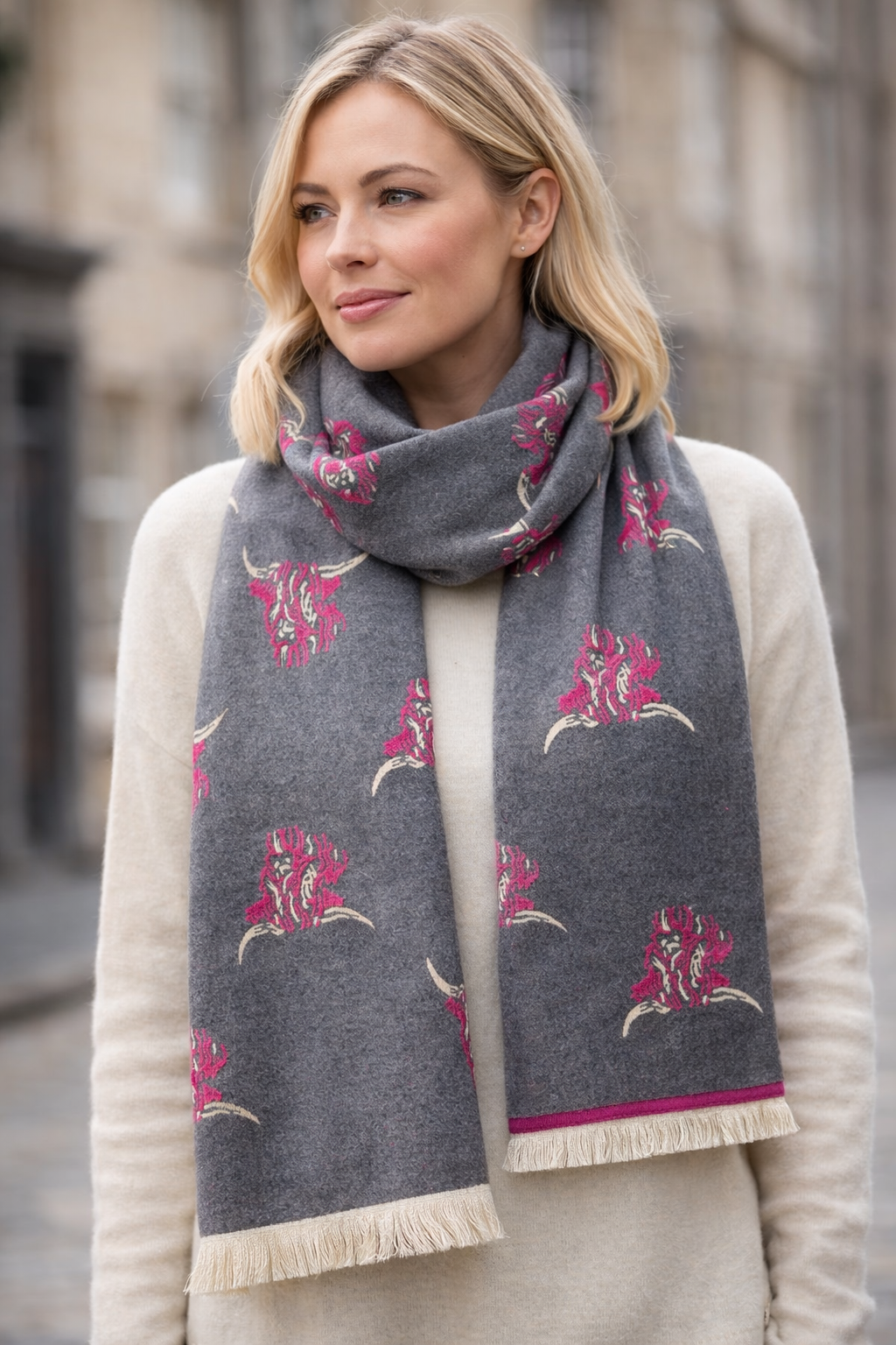 House of Tweed Reversible Highland Cow Print Scarf