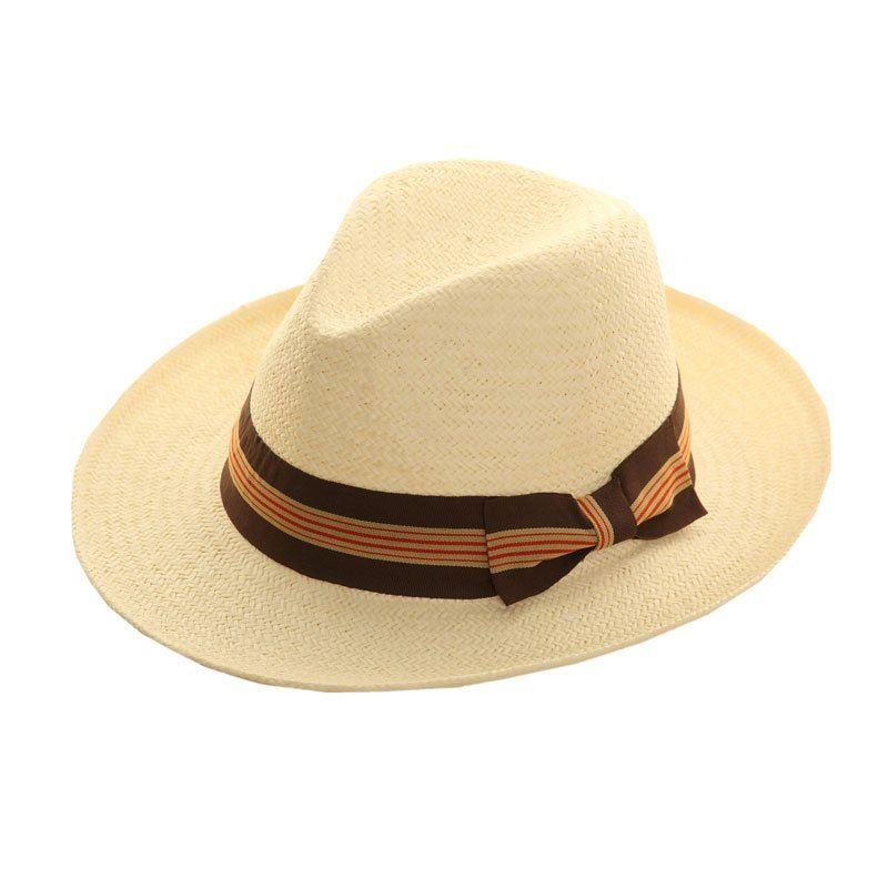 Hazy Blue Mens Straw Fedora II Hat Panama Style With Wide Stripe Band and Bow - Just £18.99! Shop now at Warwickshire Clothing.