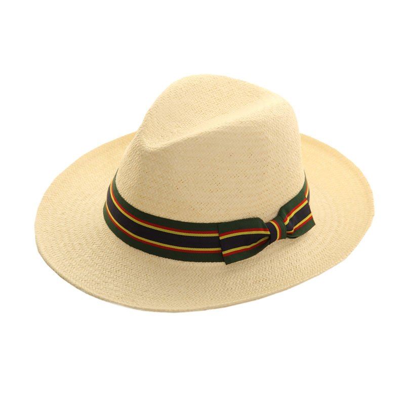 Hazy Blue Mens Straw Fedora II Hat Panama Style With Wide Stripe Band and Bow - Just £18.99! Shop now at Warwickshire Clothing.
