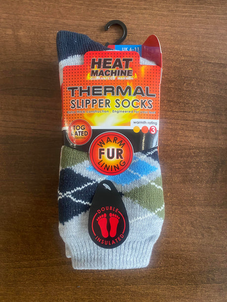 Men's Heat Machine 2.3 Tog Fur Lined Thick Argyle Thermal Slipper Socks - Just £6.99! Shop now at Warwickshire Clothing.