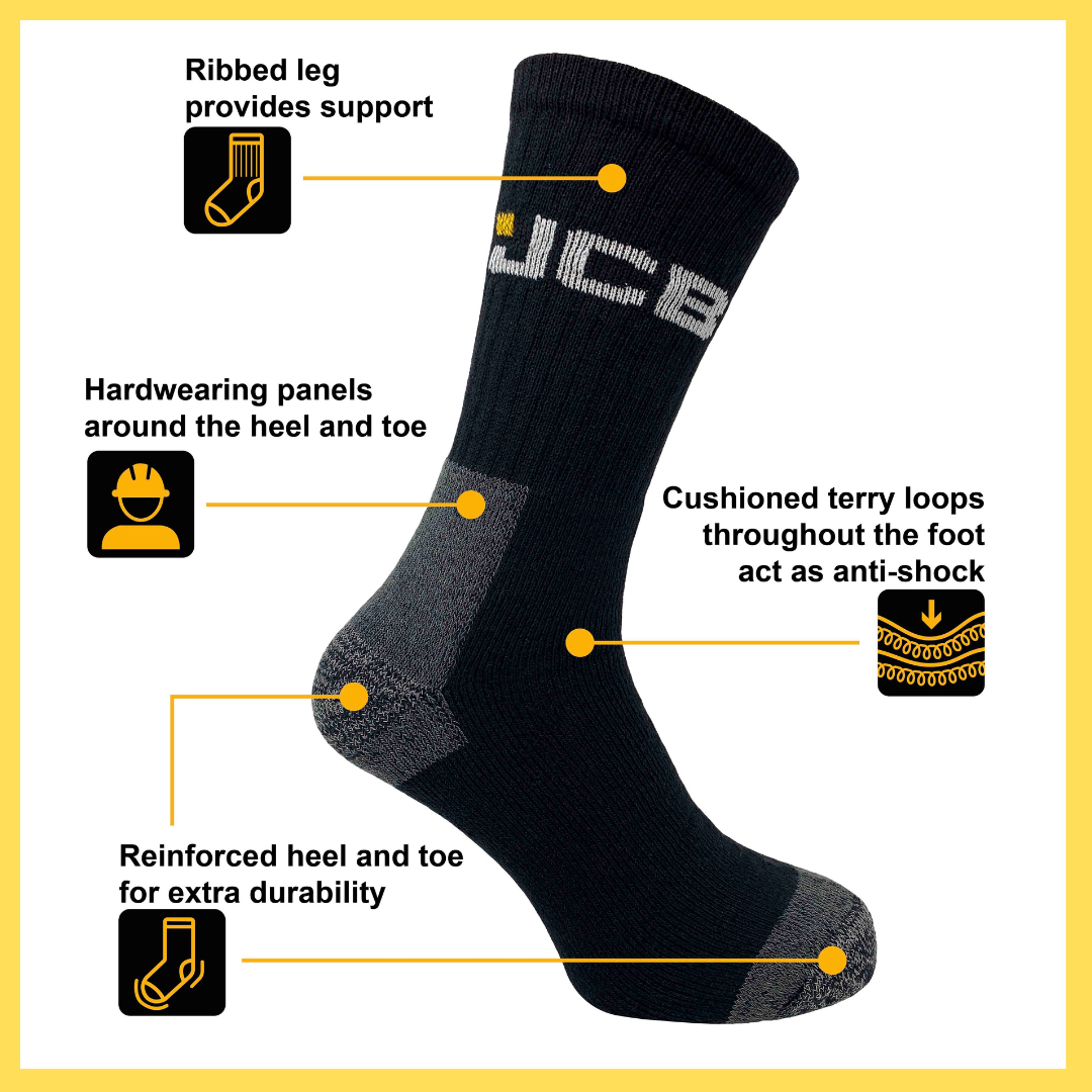 Men's Black Work Socks | JCB Workwear Range | 3 Pairs | U.K. Size 6-11 - Just £9.99! Shop now at Warwickshire Clothing.