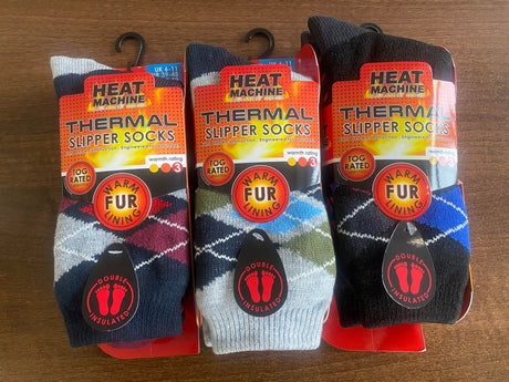 Men's Heat Machine 2.3 Tog Fur Lined Thick Argyle Thermal Slipper Socks - Just £6.99! Shop now at Warwickshire Clothing.