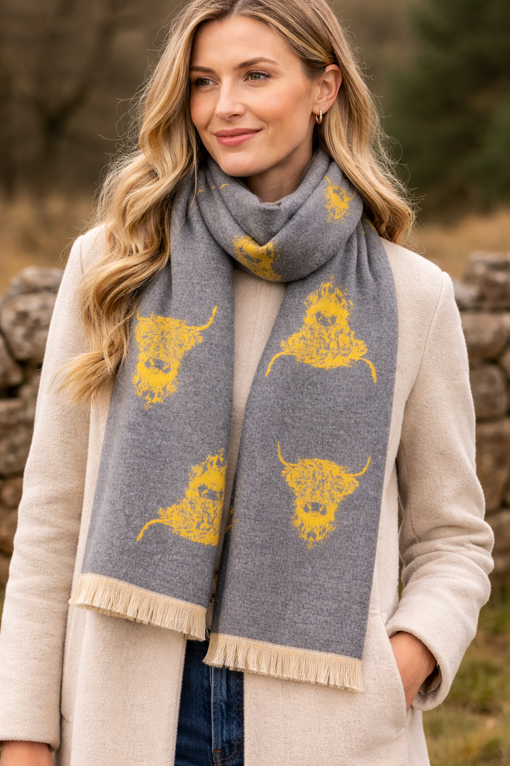 House of Tweed Reversible Highland Cow Print Scarf
