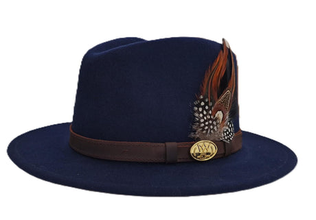 Hazy Blue Wide Brim Fedora Hat Wool Felt with Pheasant Megan - Just £29.99! Shop now at Warwickshire Clothing. 