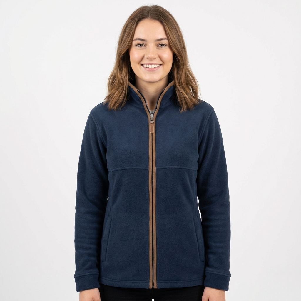 Woman wearing a navy blue fleece jacket with a brown zipper on a white background