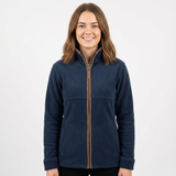 Woman wearing a navy blue fleece jacket with a brown zipper on a white background