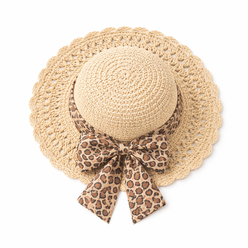 Women's Crushable Summer Sun Straw Beach Hat with Leopard Print Scarf