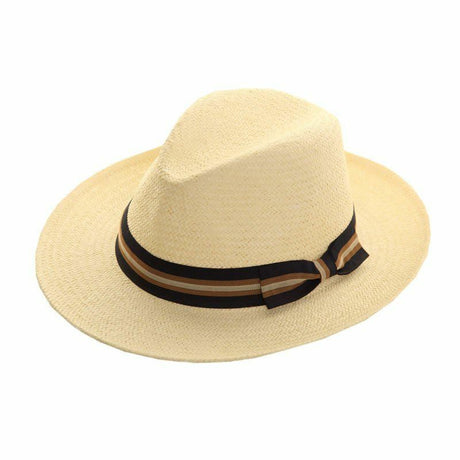 Hazy Blue Mens Straw Fedora II Hat Panama Style With Wide Stripe Band and Bow - Just £18.99! Shop now at Warwickshire Clothing. 