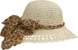 Women's Crushable Summer Sun Straw Beach Hat with Leopard Print Scarf