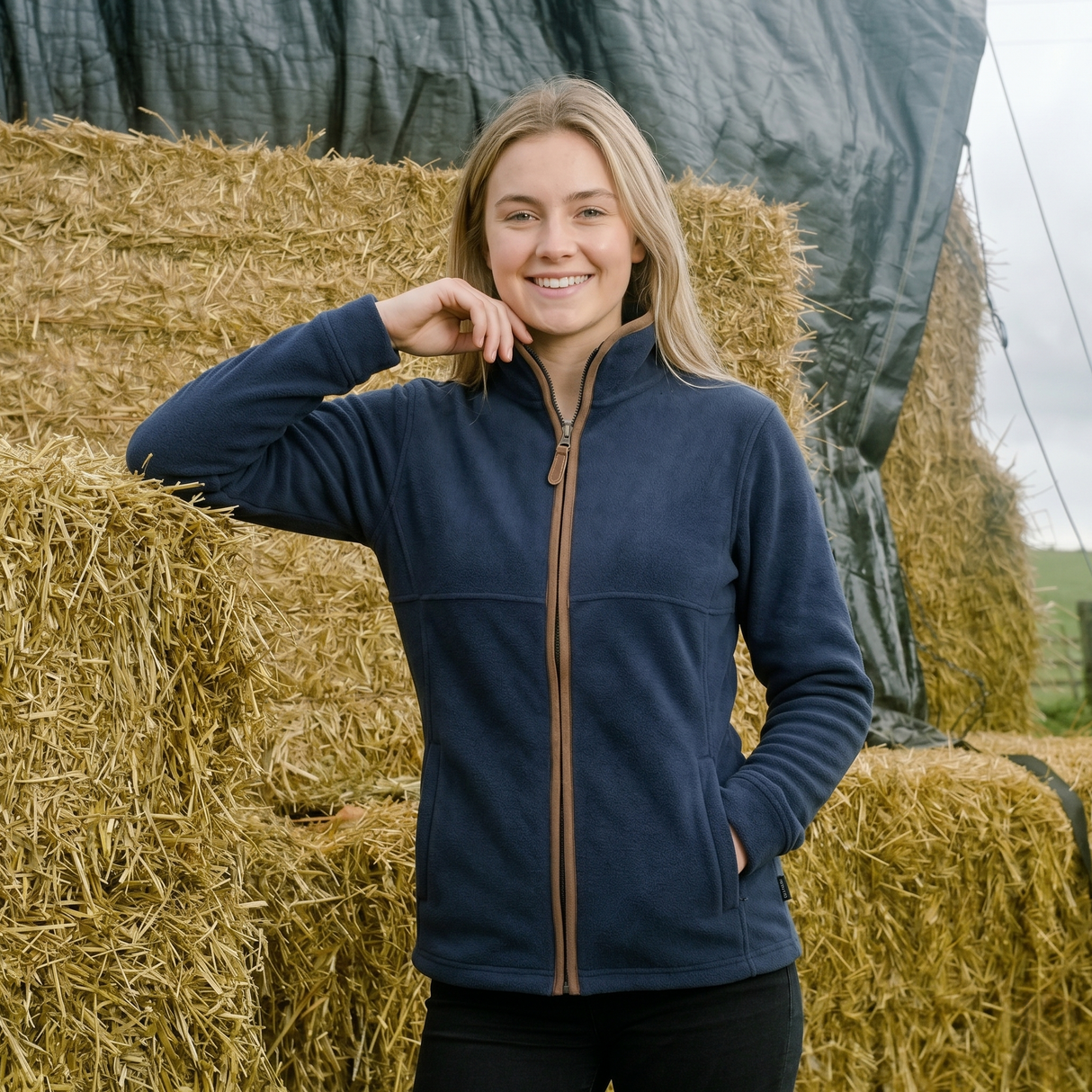 Woman in a blue jacket standing among hay bales
