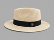 Beige straw hat with a black band on a gray background