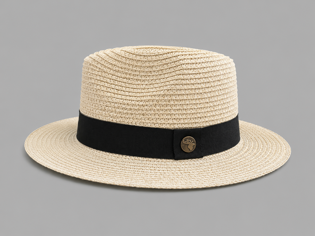 Beige straw hat with a black band on a gray background