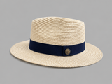 Beige straw hat with a navy band on a gray background