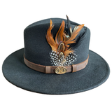 Hazy Blue Wide Brim Wool Felt Fedora with Pheasant Feather Band