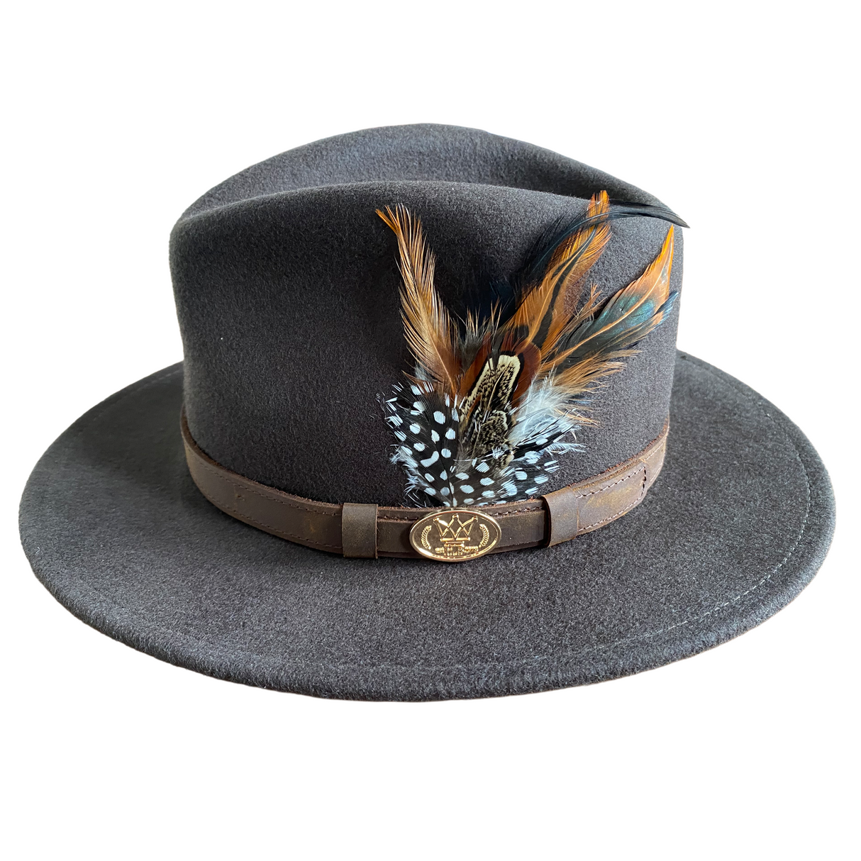 Hazy Blue Wide Brim Wool Felt Fedora with Pheasant Feather Band