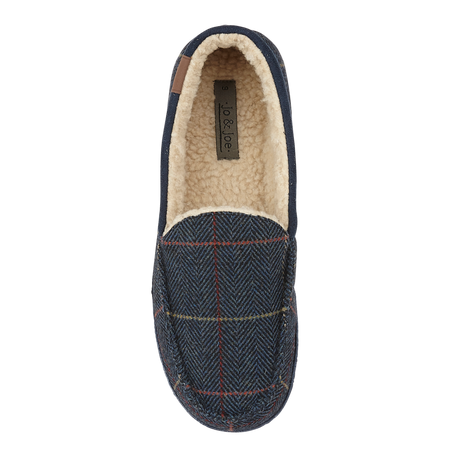 JO & JOE Men's Navy Blue Tweed Warm Lined Moccasin Slippers - Just £19.99! Shop now at Warwickshire Clothing. 