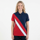 Woman wearing a red, white, and blue striped polo shirt on a white background